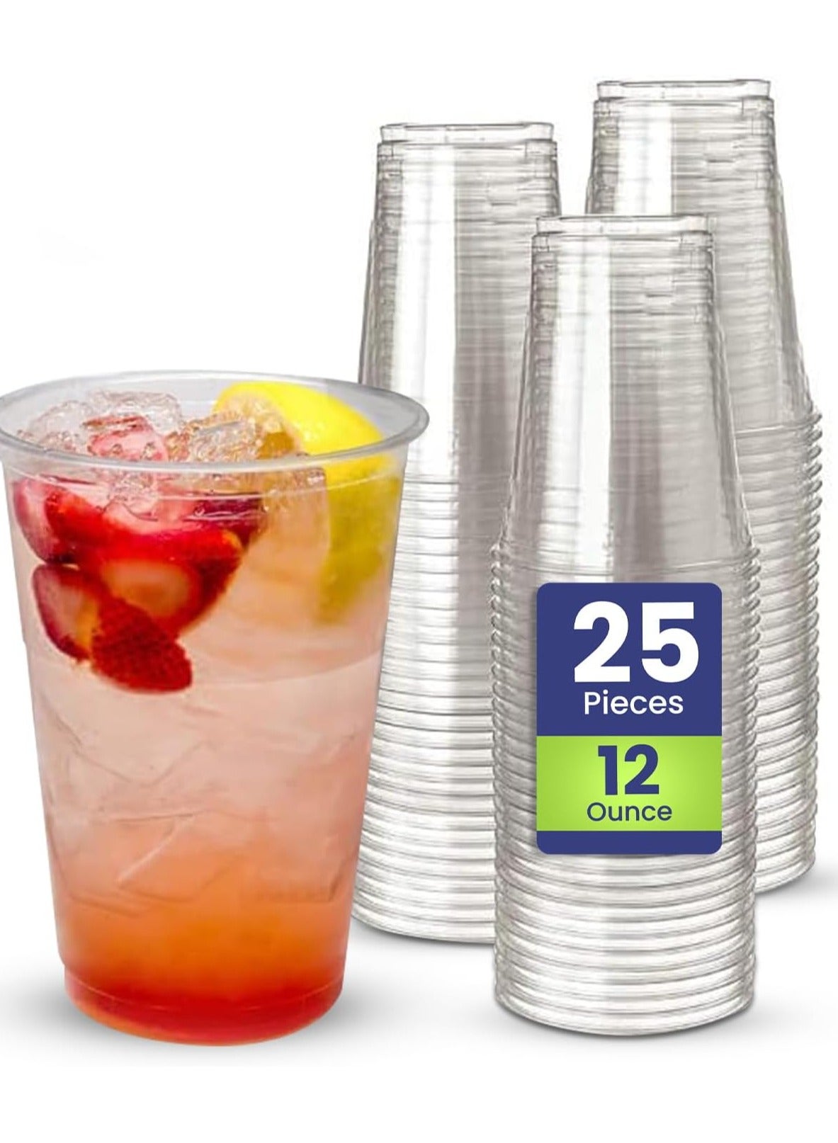Clear Strong Disposable 12 Ounce Juice Cups for Iced Coffee Smoothies Bubble Boba Tea Milkshakes Frozen Cocktails Water Sodas Juices Snacks Dessert Pack of 25 pieces